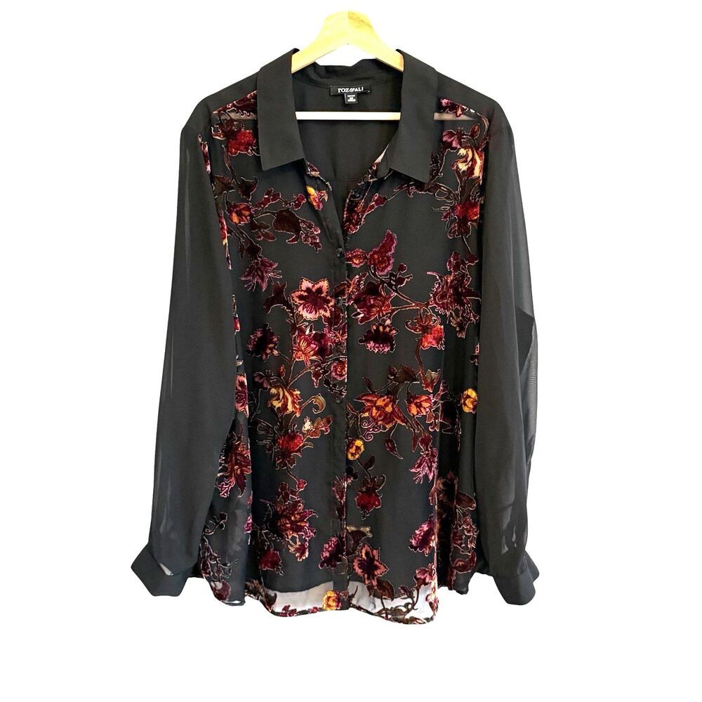 Roz & Ali Womens Floral Velvet Burnout Oversized Top Sz 3X Button Up Whimsigoth